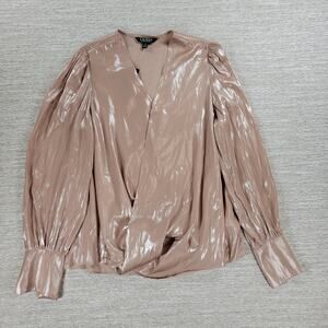Lauren Ralph Lauren Metallic Blouse Womens M Liquid Pink Surplice Faux Wrap New